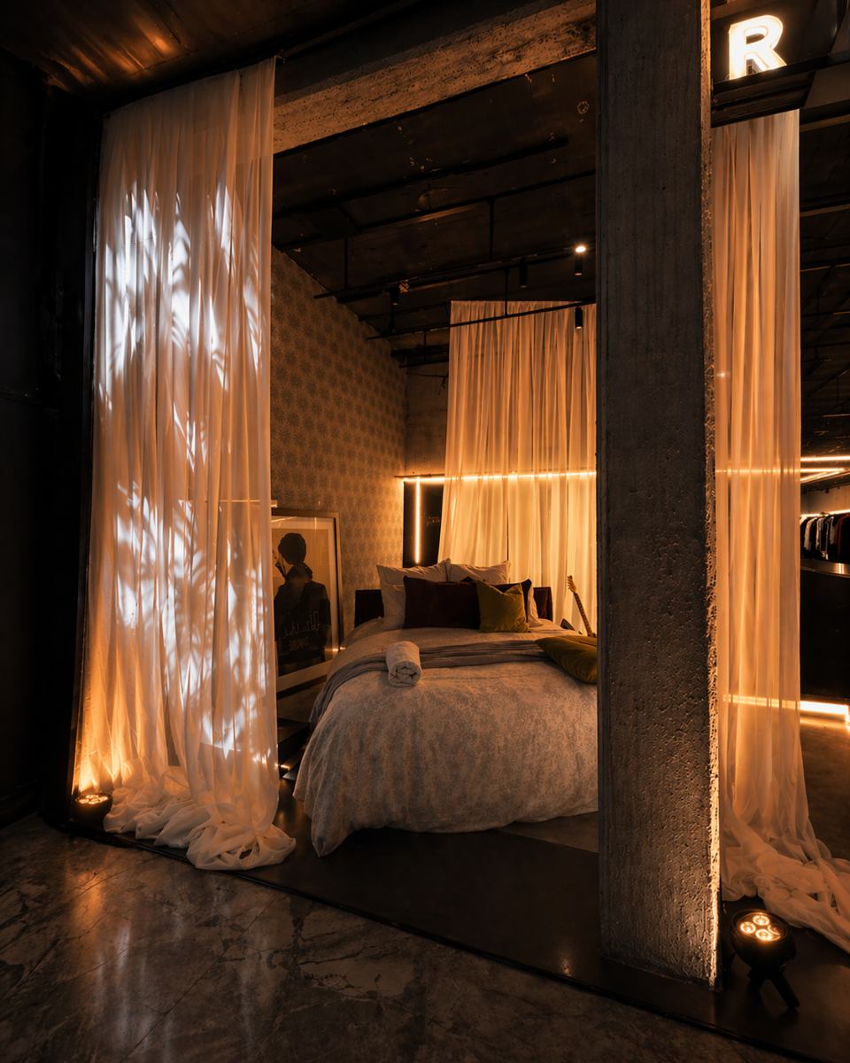 Dettaglio allestimento dell&rsquo;installazione fuori salone &ldquo;Living as a Rock Star&rdquo; - flagship store - Milano Brera